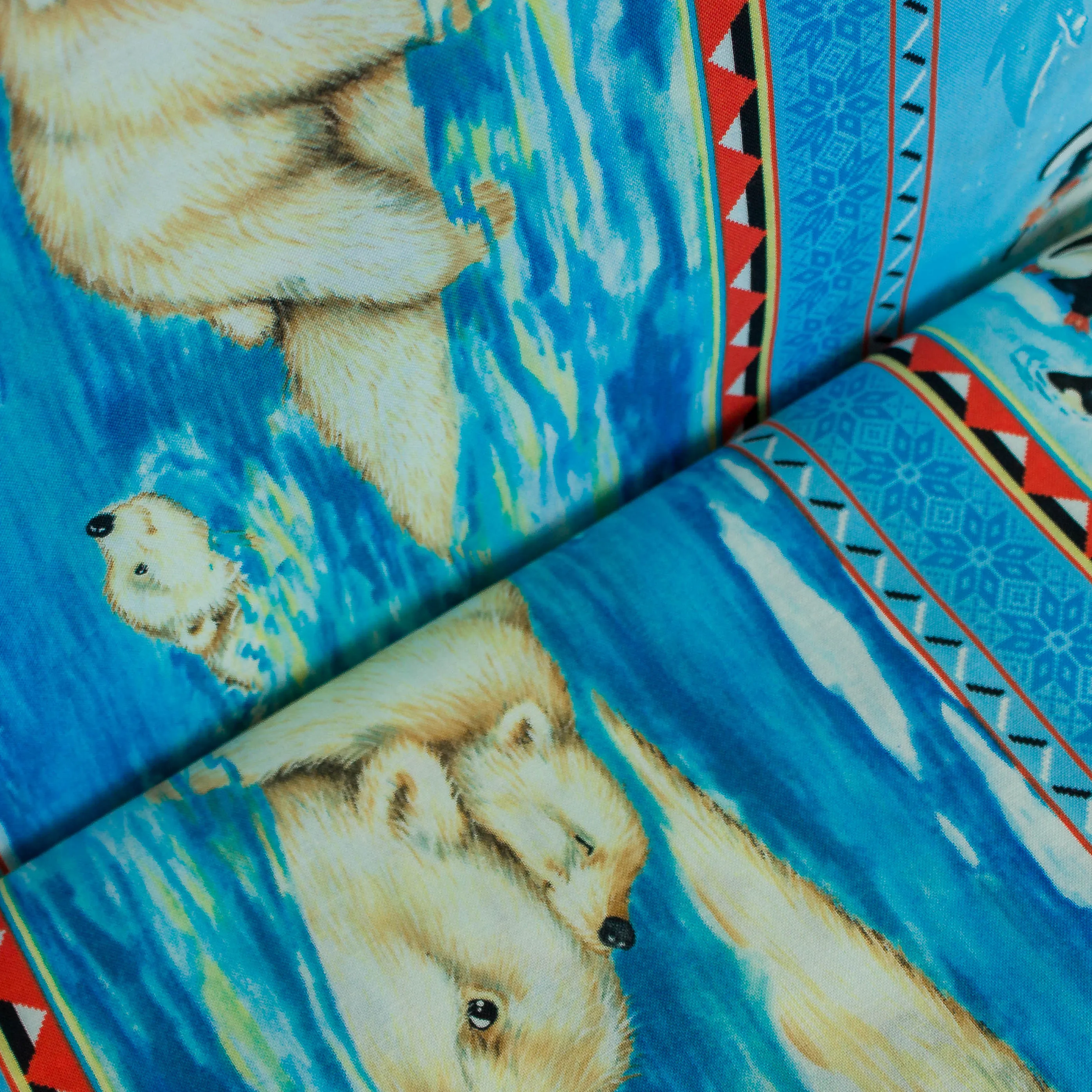 Katoen blauw met pinguïns en ijsberen